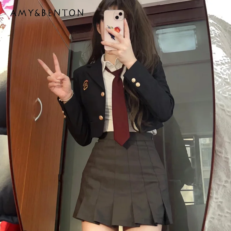 2024 New Korean JK Uniform Preppy Style White Long Sleeves Top Gray Pleated Skirt Black Suit Versatile Comfortable Coat Set Girl