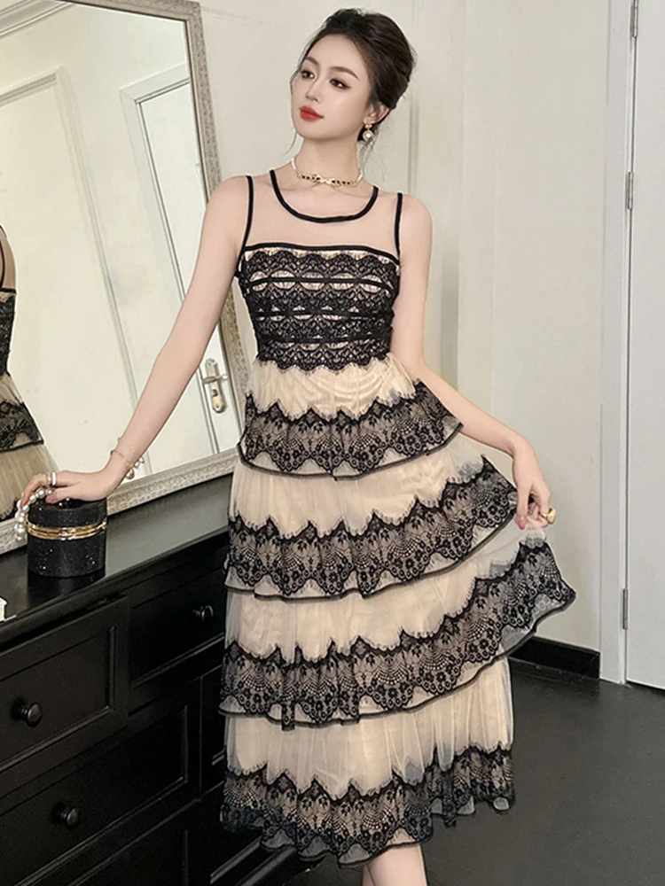 French Sweet Prom Dresses Women Cute Sheer Mesh Splice Lace Embroidered Ruffles Cake Long Robe Femme Party Banquet Ball Vestidos