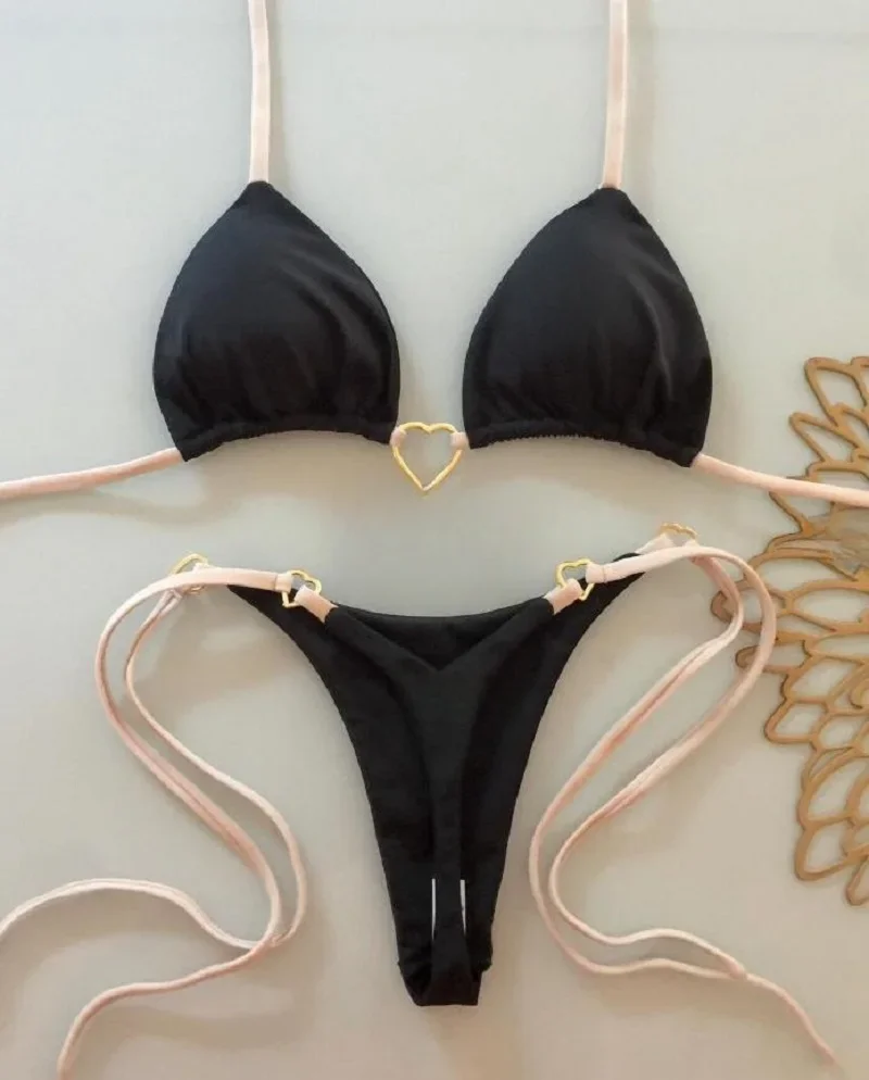 RUOTONSEPT-Conjunto de Bikini de color liso con cuello Halter para mujer, traje de baño Sexy con Tanga triangular de dos piezas, bikinis brasileños