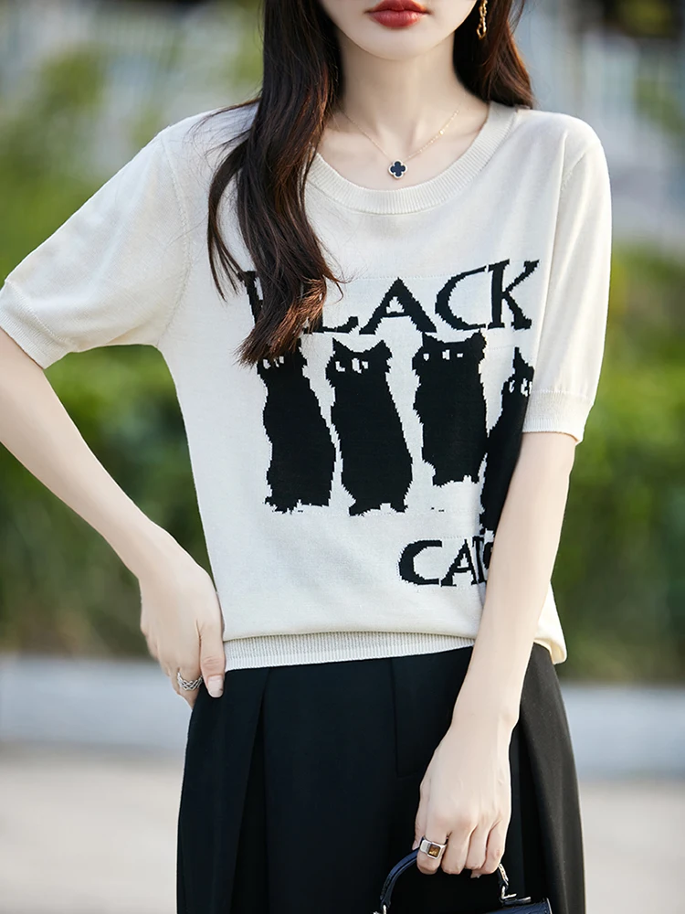 

2025New Summer Short Sleeve T-Shirt O-Neck Lyocell Cat T-Shirt Women's High Grade T-Shirt Fashion Comfortable LeisureT-Shirt Top