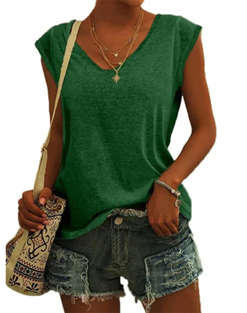 Women's Vintage Simple Loose Tops 2023 Summer Solid Color V-Neck Cap Sleeve T-Shirt Female Street Casual Commuter Pullover Tees