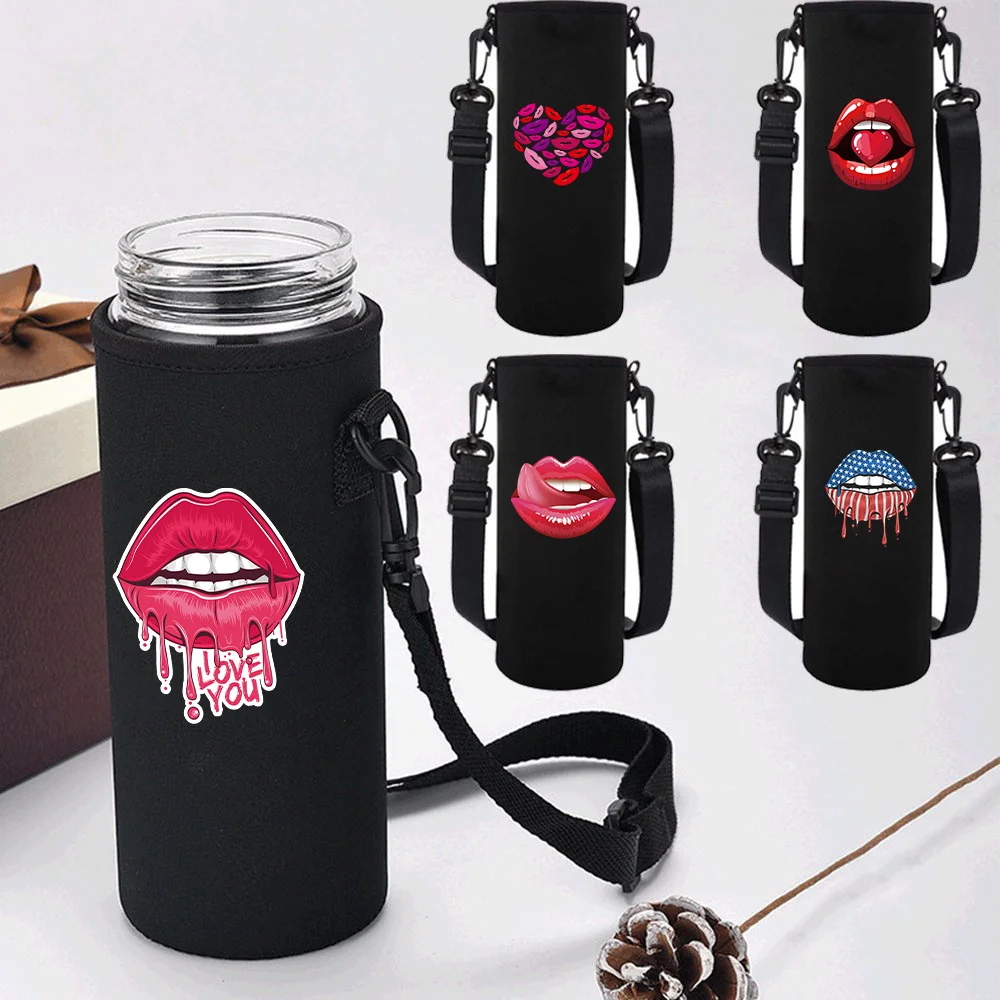 550-1500ML Insulated Water Bottle Sleeve Adjustable Strap Portable Outdoor Water Bottle Carrier for Hiking, Travel Mouth Print
