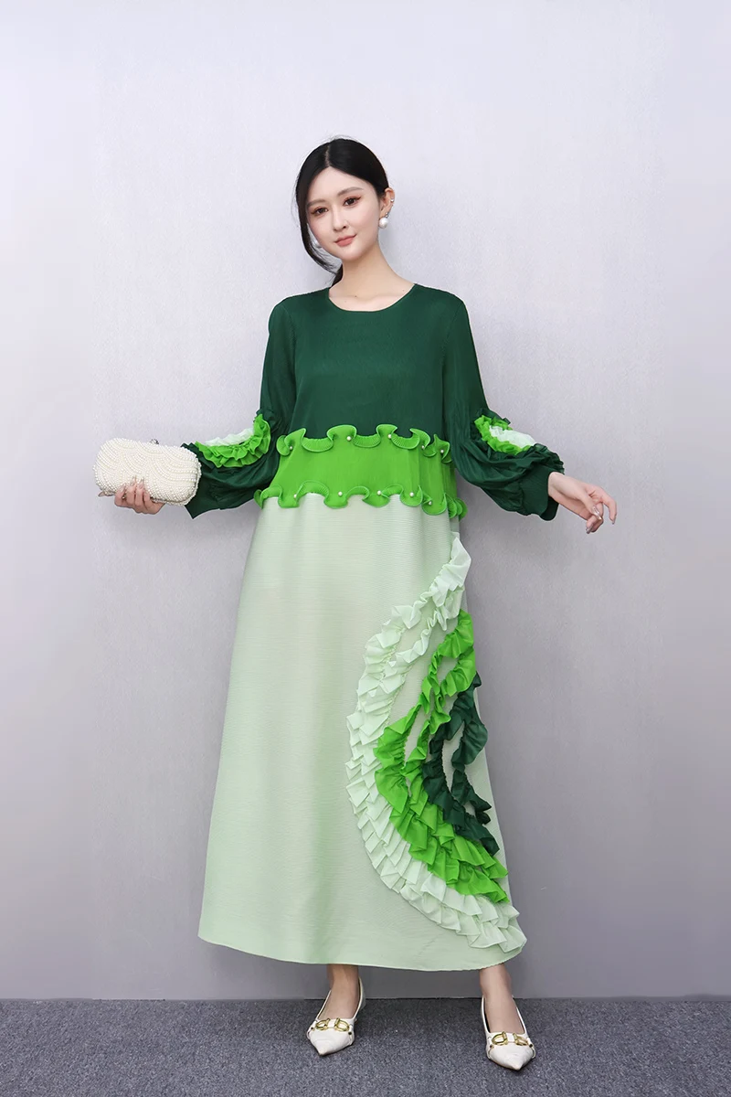 2025 Wiosna Lato Moda Elegancka Elastyczność Liść Lotosu Krawędź Luźne Długie Sukienki Damskie Sukienka z długim rękawem Hurtownia J1084