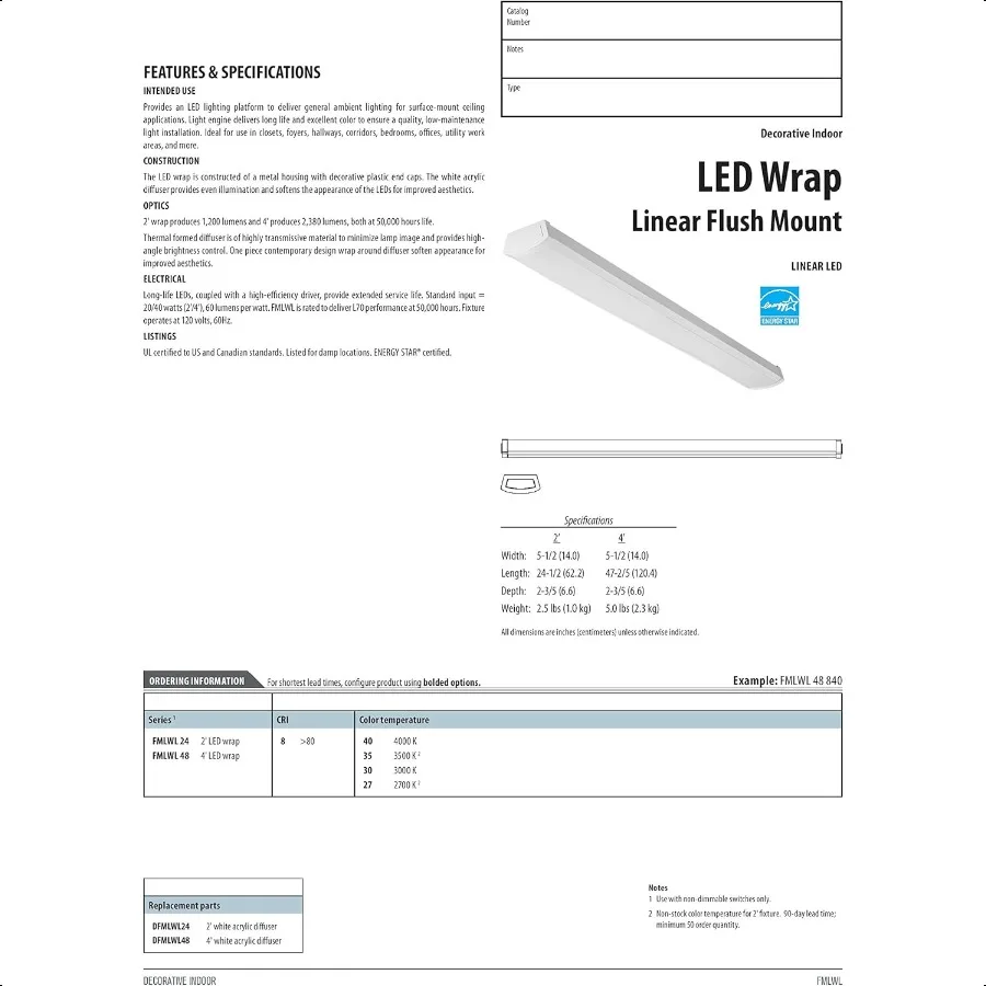 4 Foot LED Light Fixture LowProfile LED Wraparound Flush Mount Ceiling Light 3000K Warm White 120V 48Inch FMLWL 48 830