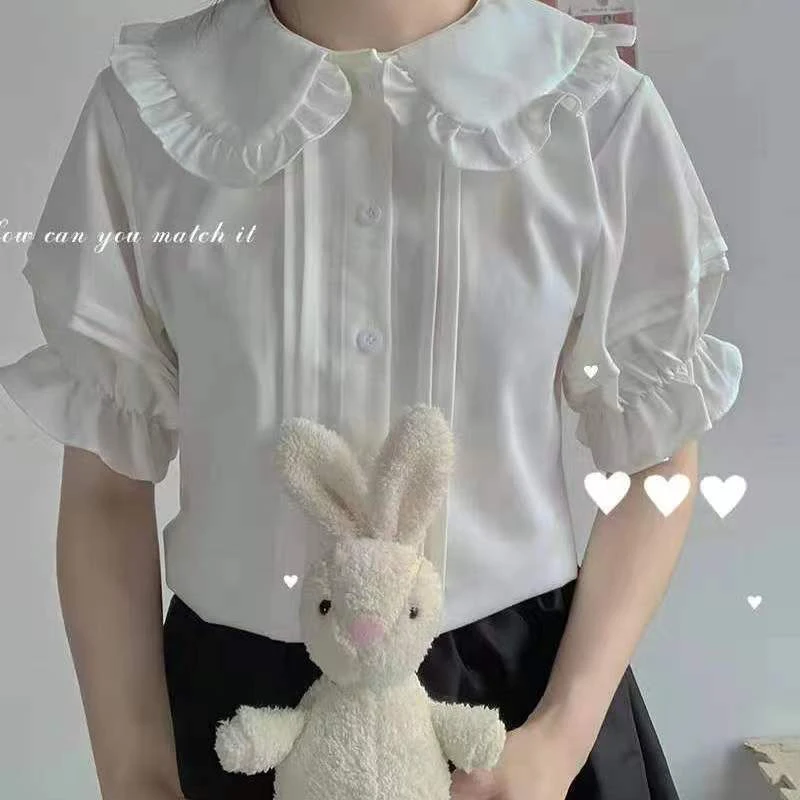 Zoki Japanese Sweet Women Blouses Lolita Style White Kawaii Peter Pan Collar Jk Shirt Cute Preppy Ruffle Puff Short Sleeve Tops