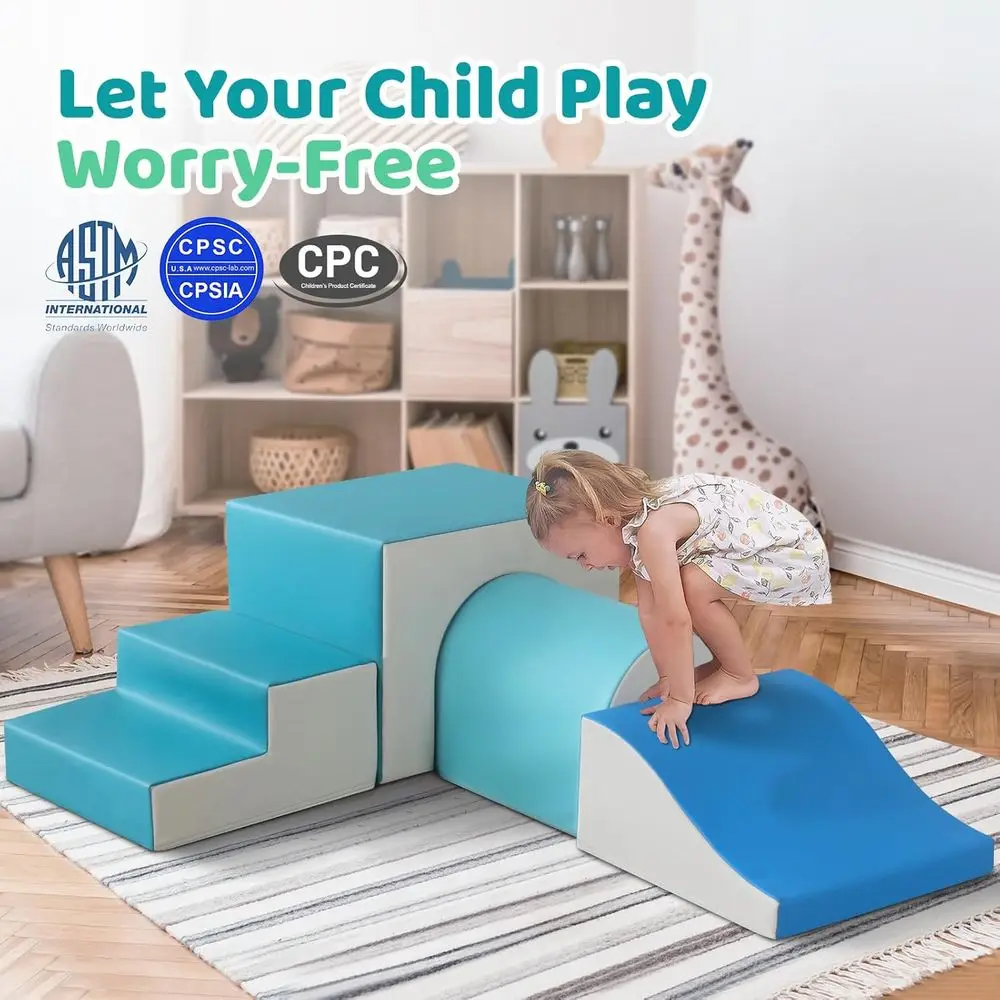 บล็อกปีนป่ายโฟมสีเขียวพร้อมอุโมงค์และสไลเดอร์สำหรับเด็กเล็ก: ชุดยิมเล่นในร่ม 4 ชิ้น