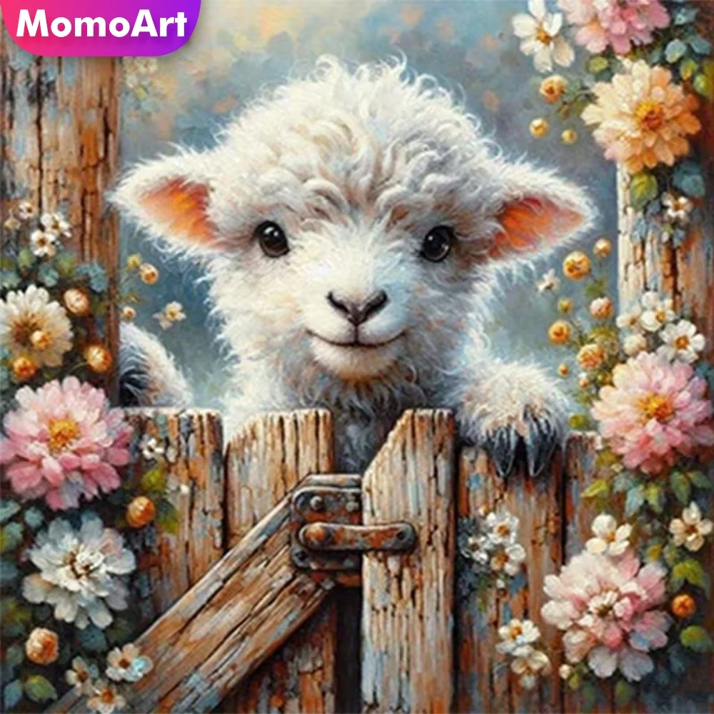Momoart 5D Diamant-Mosaik Schaf Tier Vollquadrat Rundes Diamantbild Blume DIY Neuerscheinung Stickerei Kinder-Hobby