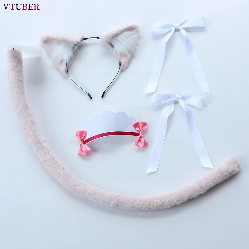 Anime Vanilla Wig Nekopara Cosplay A Little Pink Long Straight Heat Resistant Synthetic Hair Wigs Ears Tail Bowknots Headwear