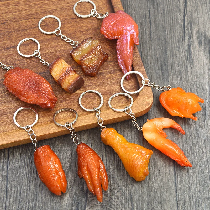 Creative Simulation Food Keychain PVC Model Gift Key Chain Soft Glue Fake Braised Pork Belly Roasted Chicken Keyring Gifts