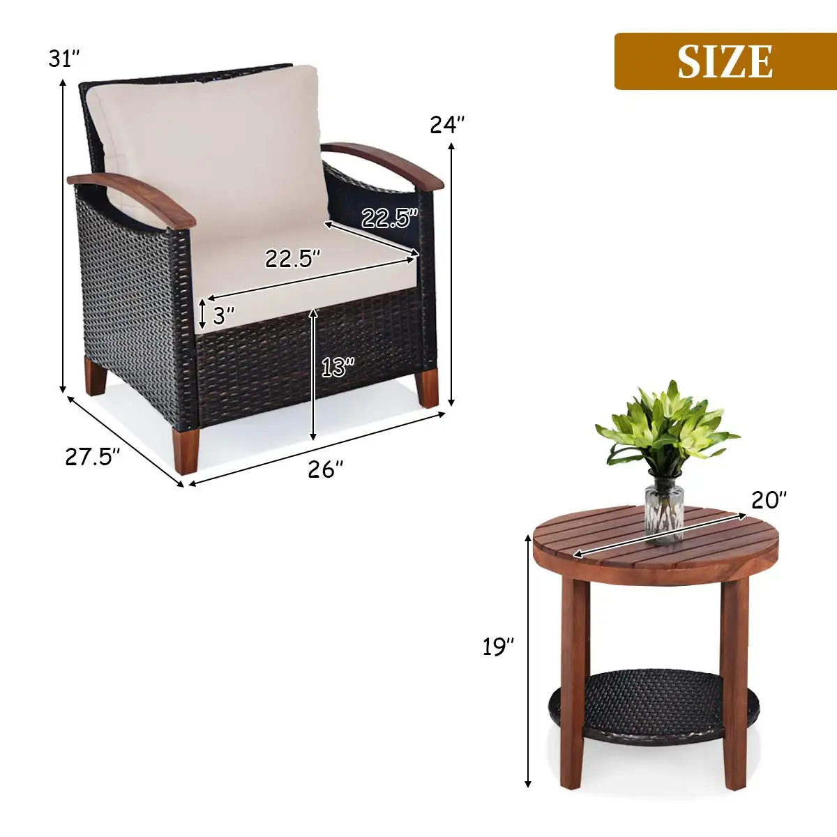 Rattan Patio Sofa & Table Set w/Wood Frame, High Load Bearing Outdoor Conversation Set w/Washable Removable Cushions, Customized