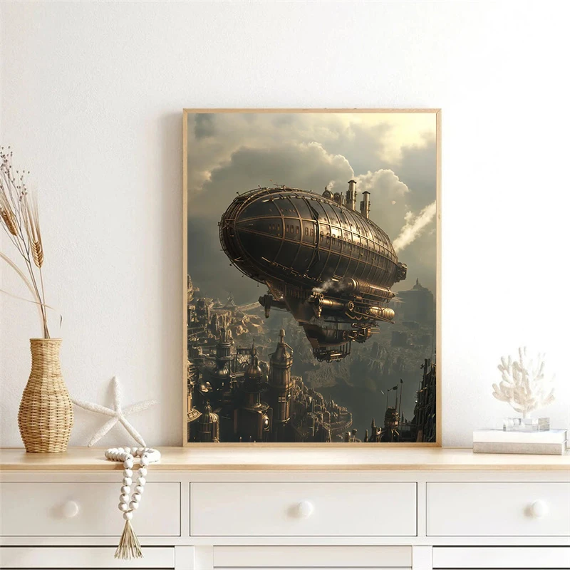Surrealisme Shocking Steampunk Stadsgezicht Posters Industriële Stads Luchtschip Trein Moderne Prints Canvas Muur Foto Thuis Kamer Decor