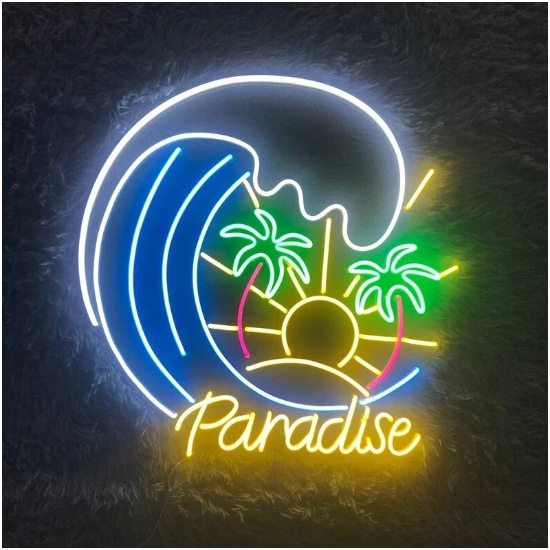 Custom Neon Sign Paradise Beach View Neon Signs Coconut Tree Led Light Wall Decor Summer Vacation Decoration Night Lamp