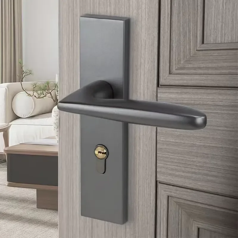 Modern Black Aluminum Alloy Interior Door Handle Lock Set Durable Metal Lever Latch for Home Bedroom Bathroom Security