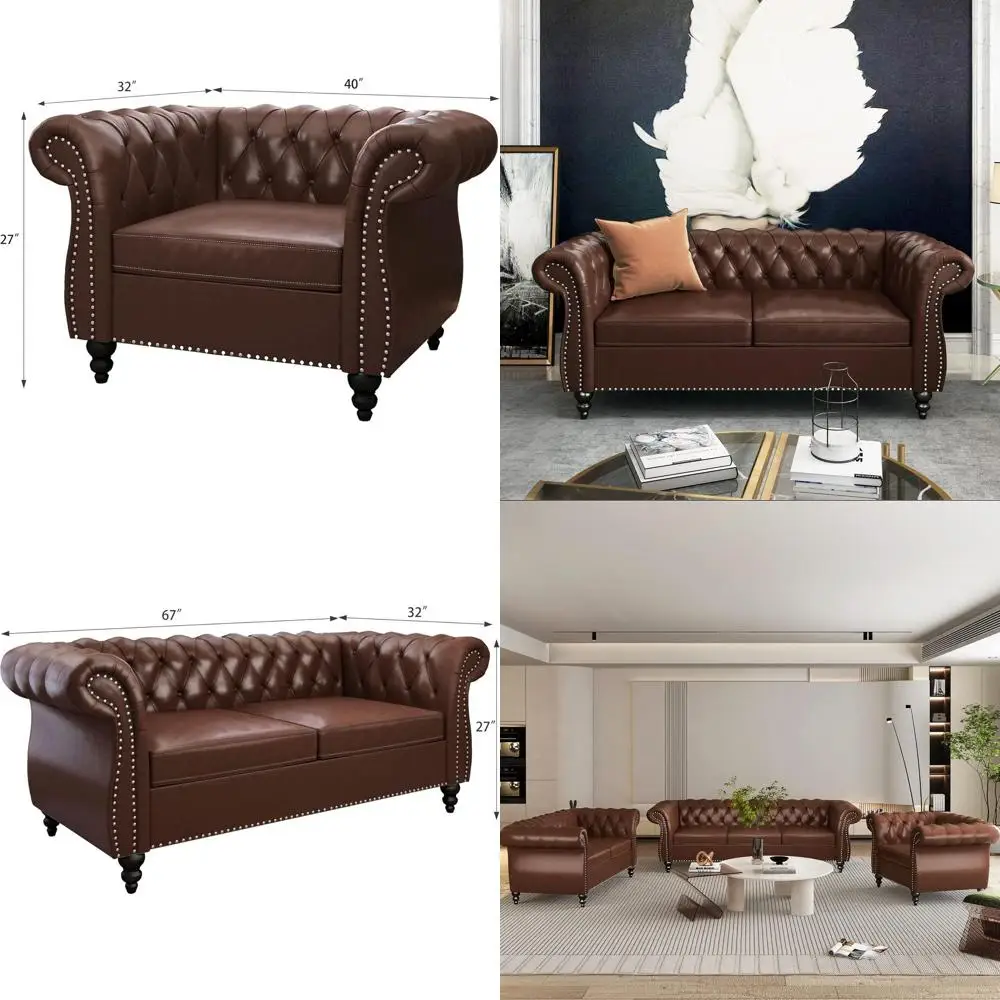 

Leather 3-Piece Living Room Set with Sofa, Loveseat, Chair in Coffee Brown