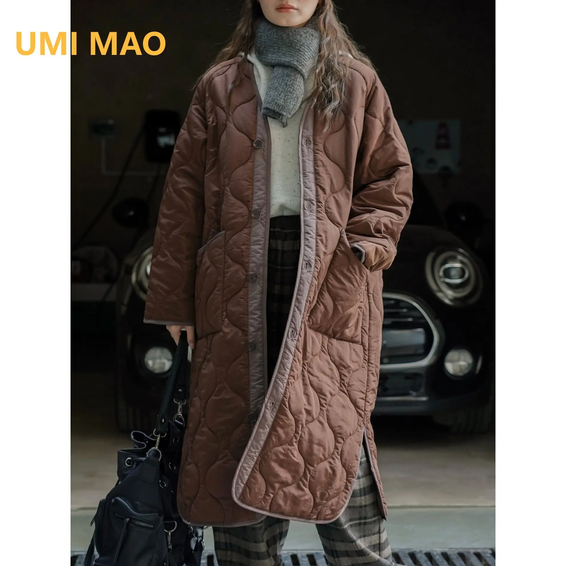 

UMI MAO Japanese Casual Diamond Grid Coat Silhouette Pressed Cotton Jacket Winter New Lightweight Warm Loose Long Jacket Women