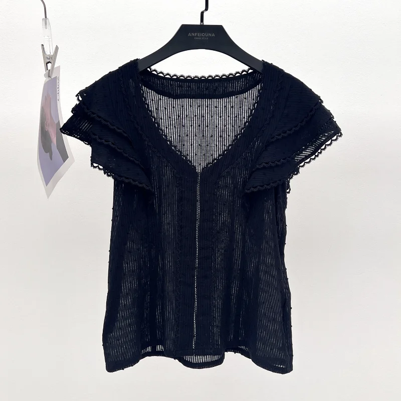 

New Black Cotton V-neck Stitching Lace Loose Pullover Blouses Women Fashion Sweet Summer French Cute Lady Sleeveless Top