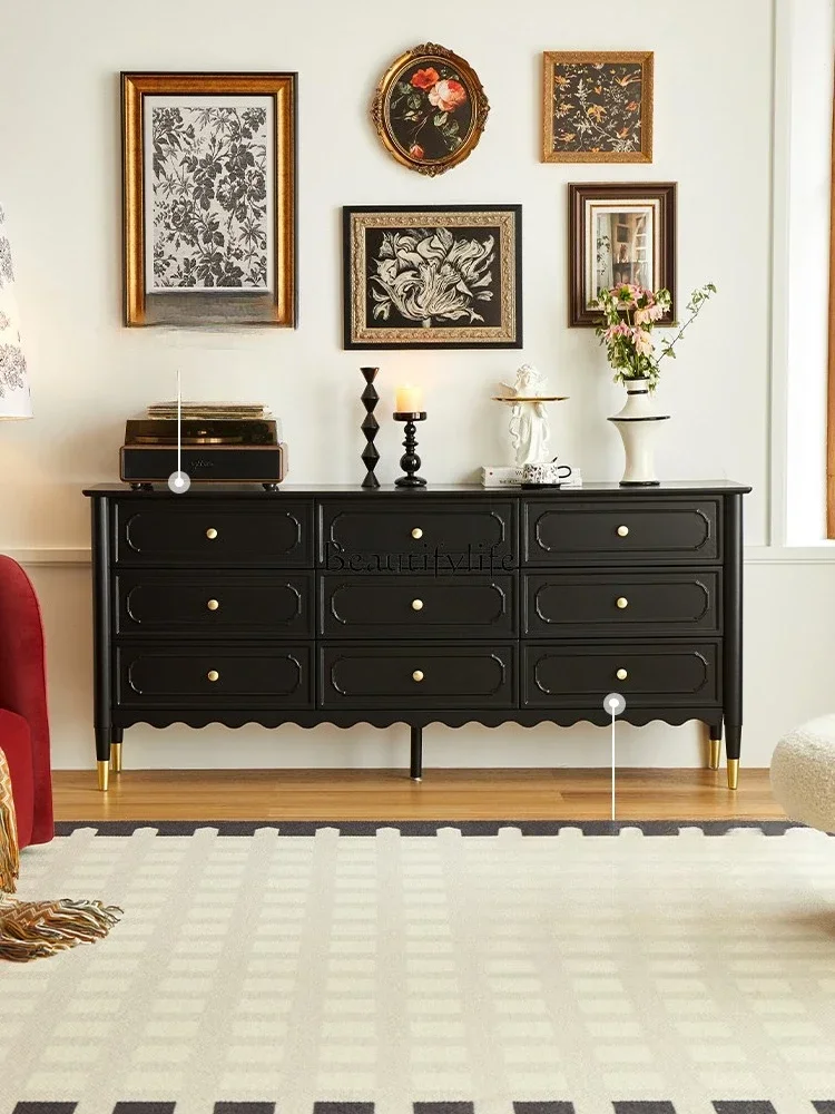 

1LJYFrench retro nine-bucket cabinet solid wood six-bucket living room black drawer cabinet