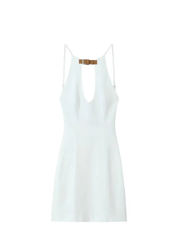 HH Woman New Fashion Summer Sexy Dress Sleeveless Backless Belt Decorate Hollow Out Zipper Female Streetwear Mini Dress