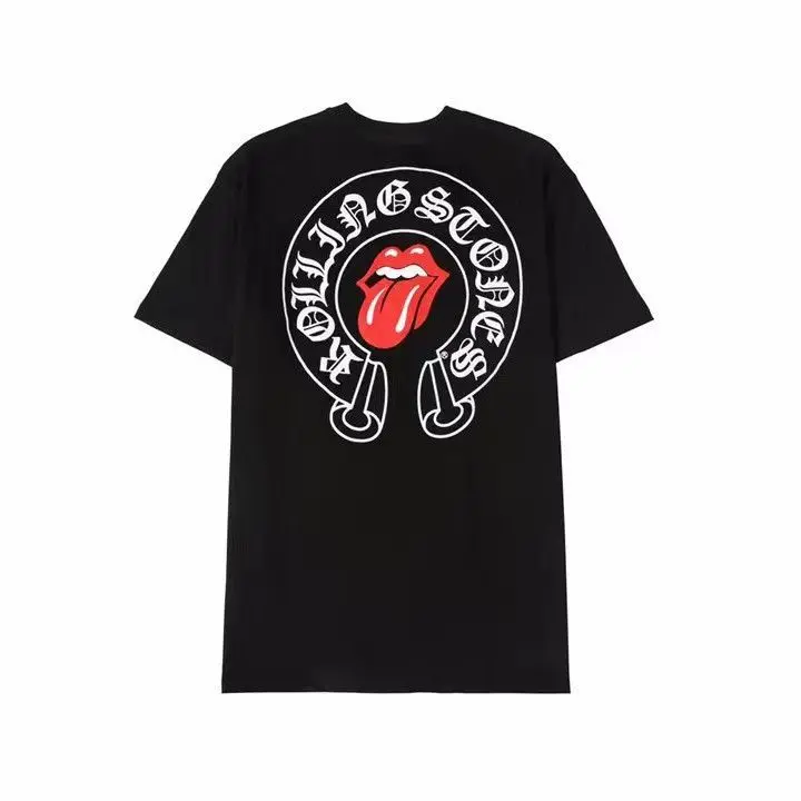 

European and American Summer Red Big Tongue Sanskrit Horseshoe Print Men's and Women's Loose Casual Round Neck Short Sleeve Top