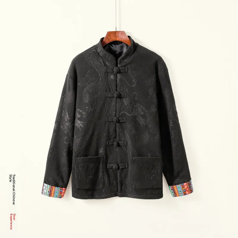 

Loose Fit Thiened Dragon Pattern Embroidery Stand Collar Tfeta Jaet Men's Zhongan Coat Outerwear Youth Faion Autumn...