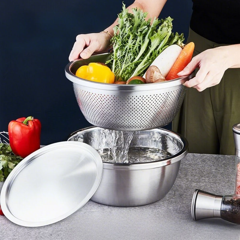 Stainless Steel Micro-porous Colander + Multi functional mixing basin + Lid, Thickened Large Capacity