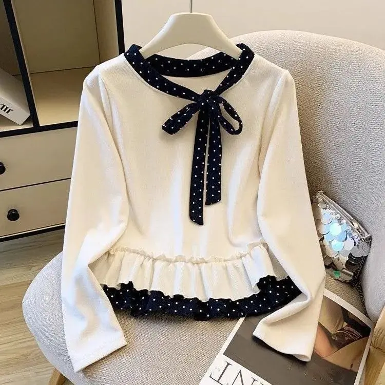 Kimotimo Sweet Y2k Polka Dot Bow Long Sleeve T-shirts Women Autumn Winter Chic Ruffle Patchwork Contrast Color Tops Fashion Tees