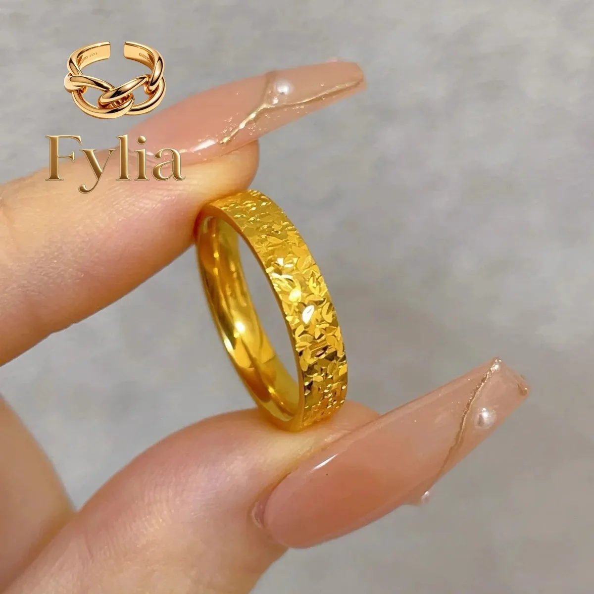 

Fylia Jewelry Fashion boutique 24K real Chipped ring bracelet au9999 Flash Chipped ice ring couple ring