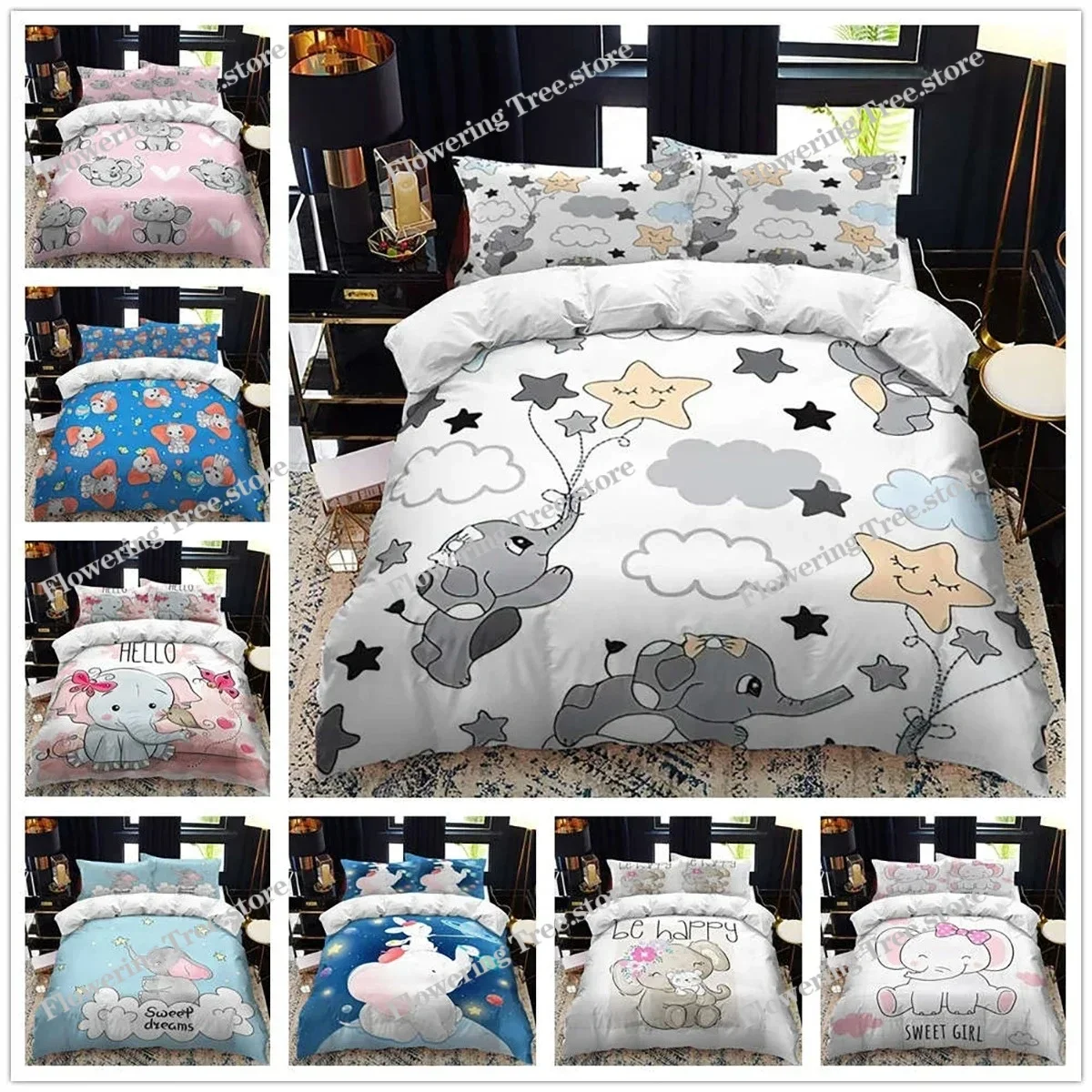 Animal Elephant Cartoon Children Duvet Cover Set Queen Calico Twin Size Comforter Bedding Set Single Complete Set