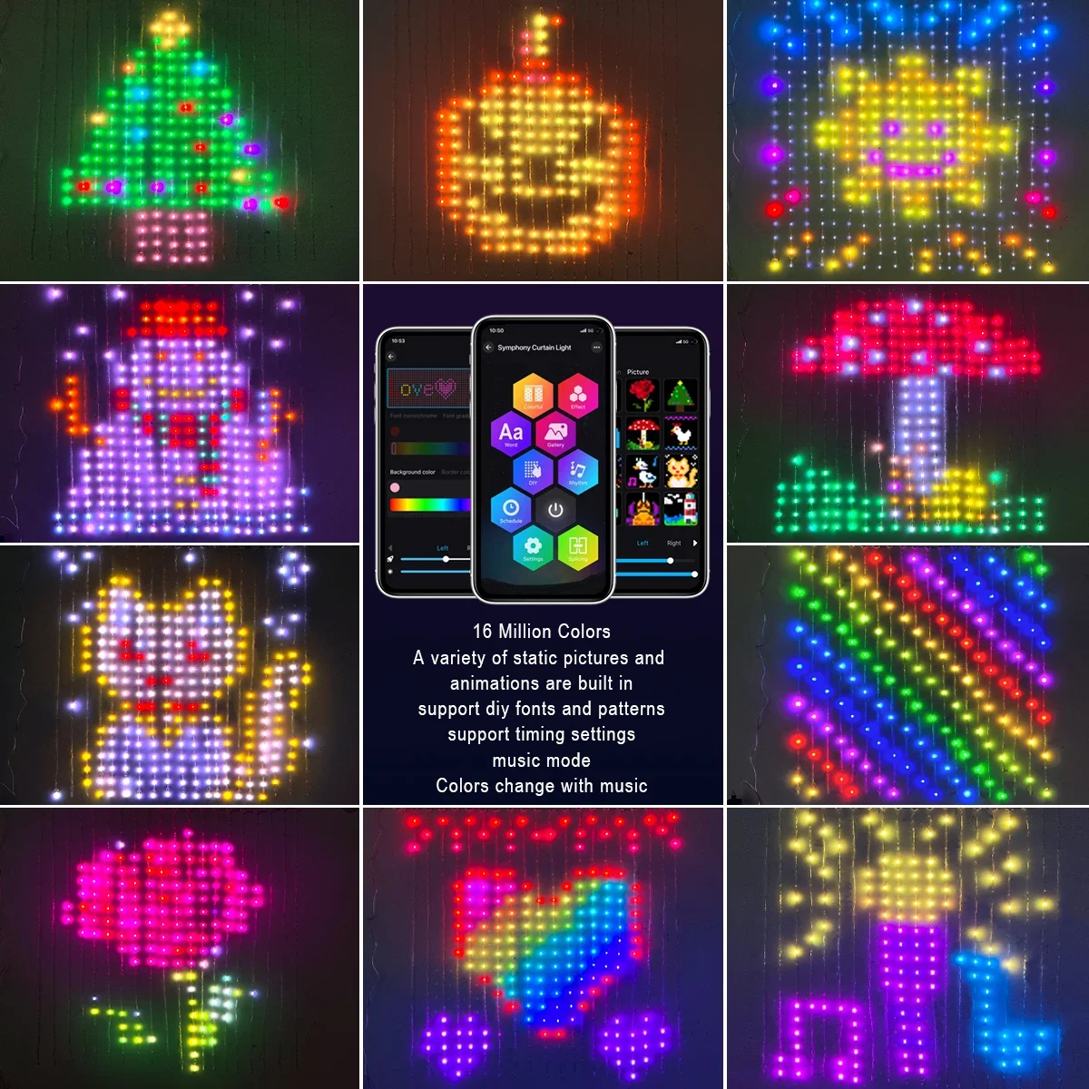 Luci creative USB 5V RGB String Fairy Color Controllo Bluetooth intelligente Immagine pixel fai da te Modello testo Natale Halloween Festival