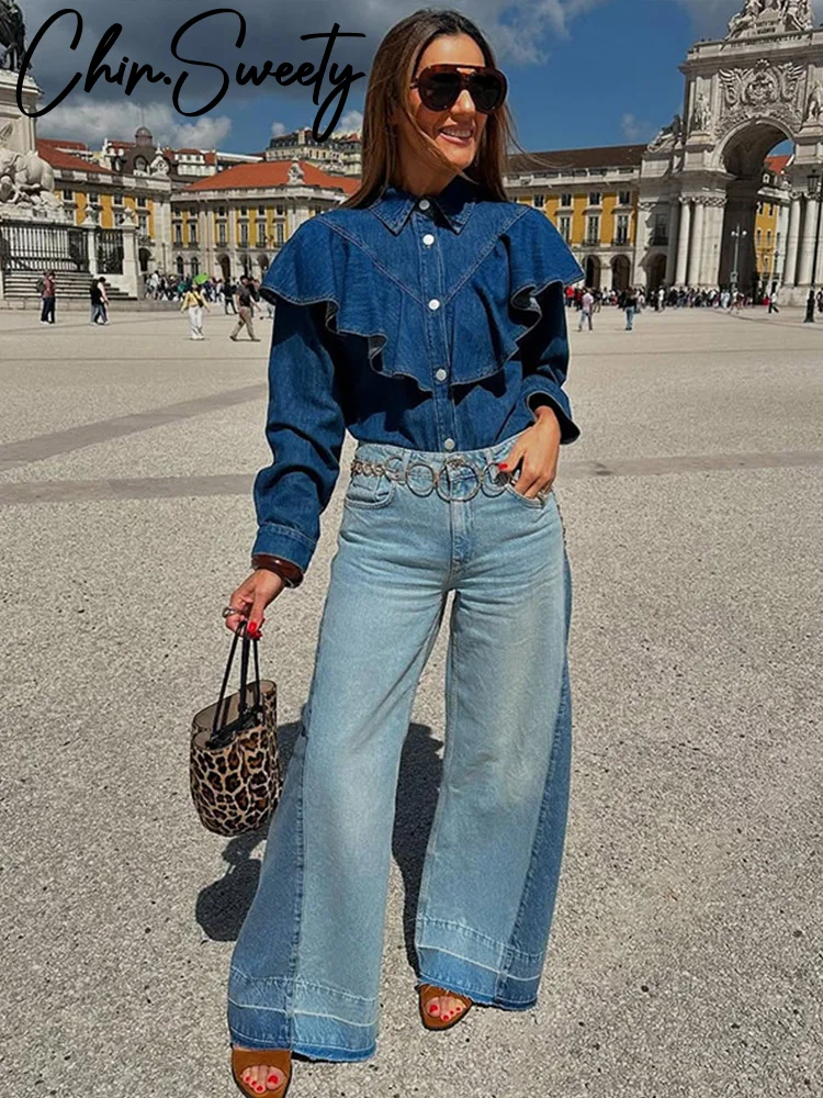 Modna, marszczona koszula dżinsowa damska z klapką i kołnierzykiem metalowy pojedynczy piersi z długim rękawem top na co dzień 2025 letni strój biurowy damski