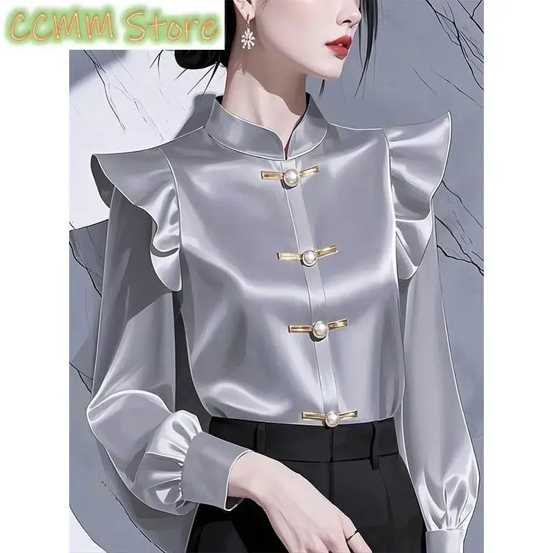 

New Chinese Women's Spring Solid Color Fashion Satin Shirt Chic Design Top Casual Female Simple Small Blouse Slim