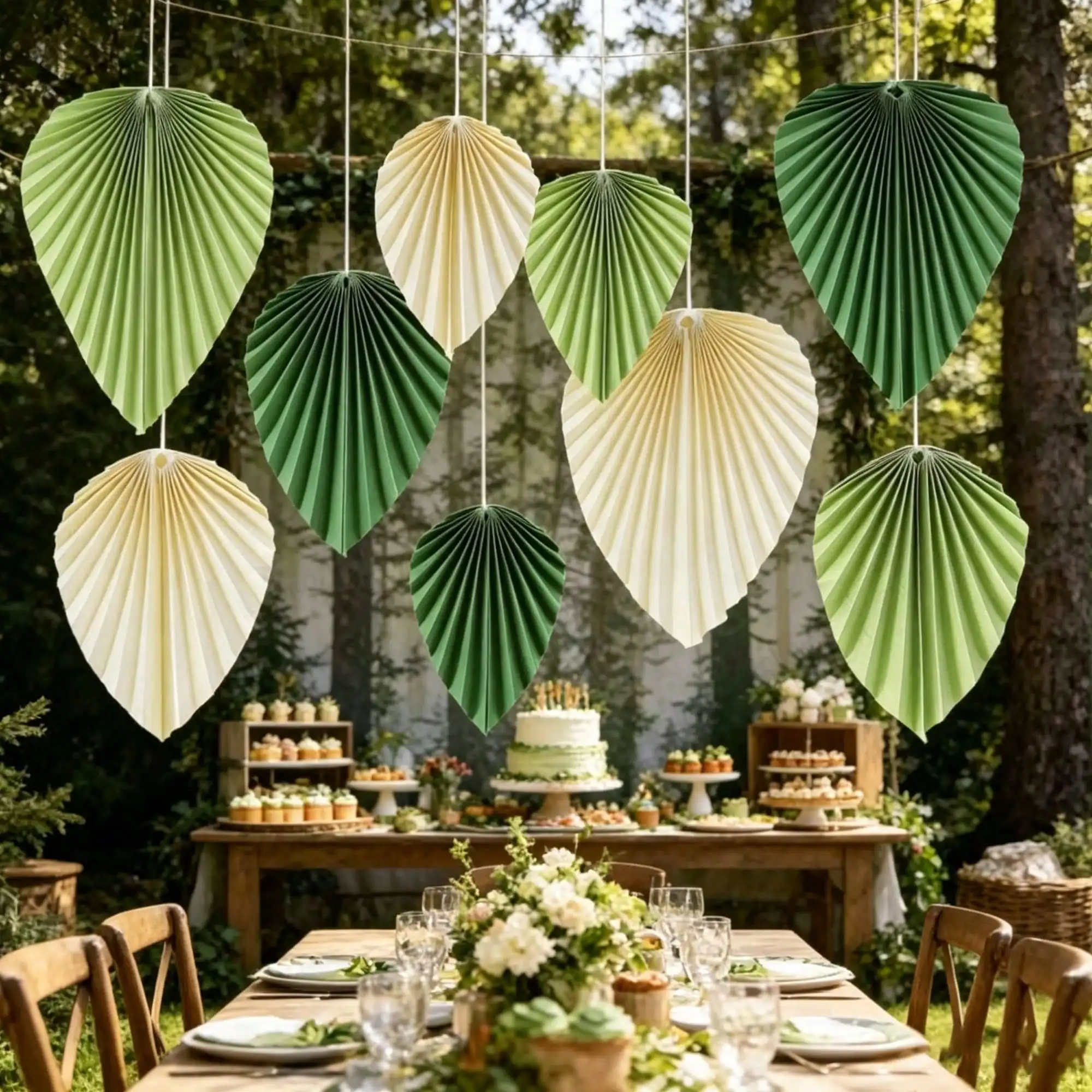 9-teiliges Set Grüne Blatt-Papierfächer Tropische Hängende Ventilatoren Dschungel-Safari-Waldlandschaft Babyparty Geburtstag Hochzeit Gartendekoration