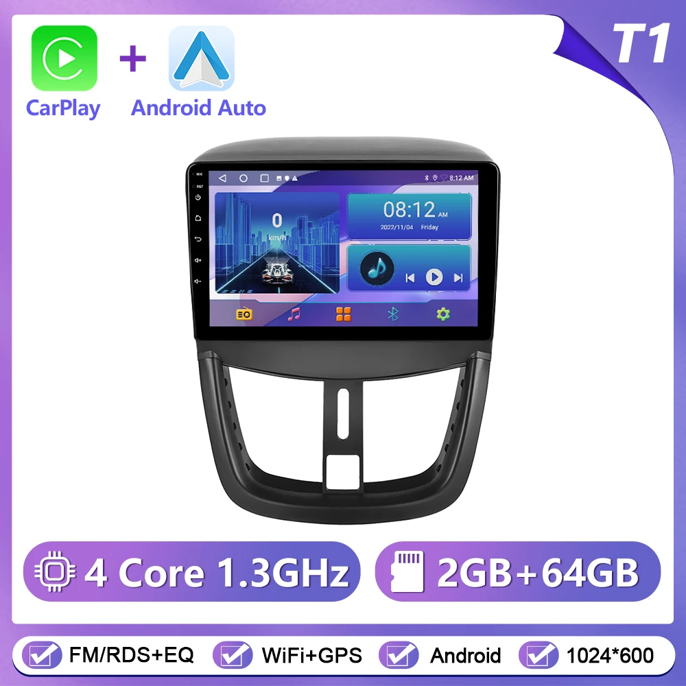Podofo draadloze CarPlay Android Auto autoradio voor Peugeot 207 2009-2013 GPS navigatie 2Din multimediasysteem autoradio stereo