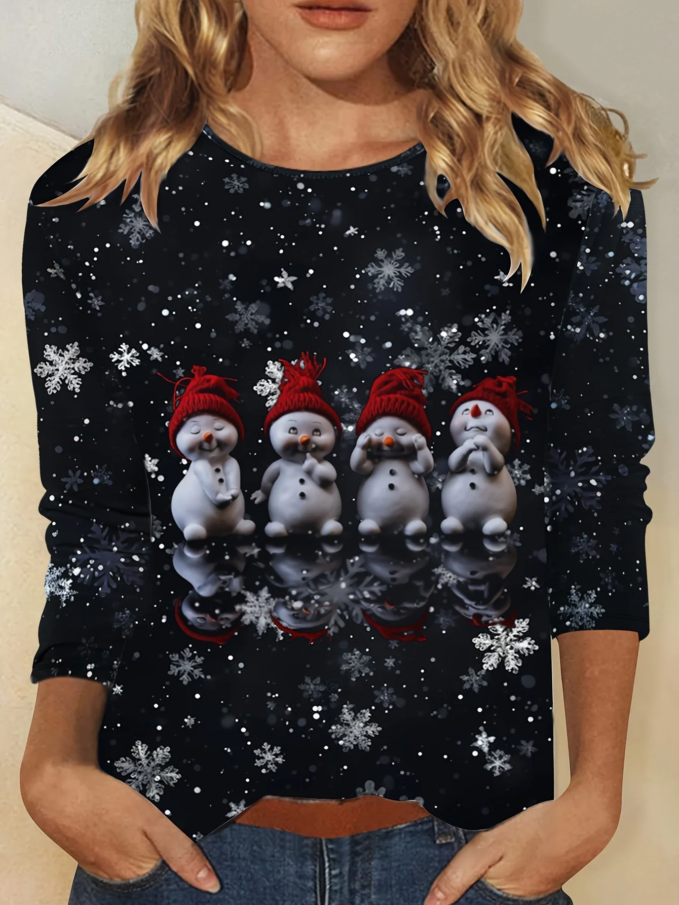 Christmas theme Snowman 3D Print O-Neck Long Sleeve T-Shirt Fashion Women clothing Casual y2k clothes Harajuku Female clothing