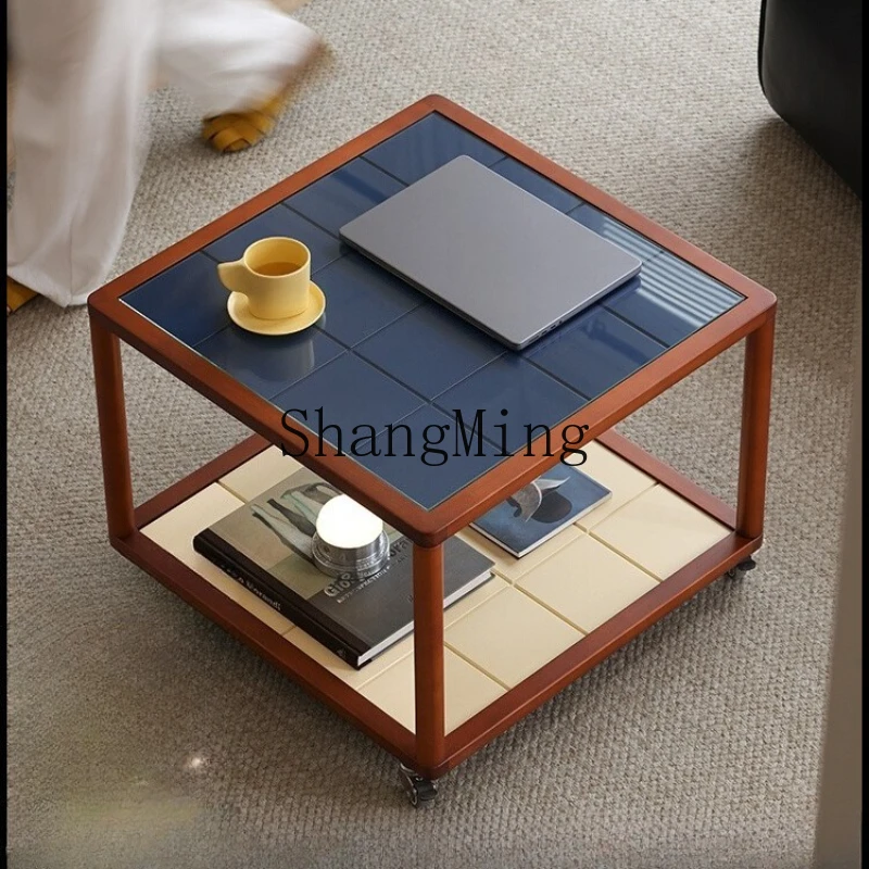 

DHY solid wood tempered glass chessboard mobile coffee table bag Chinese antique living room side table