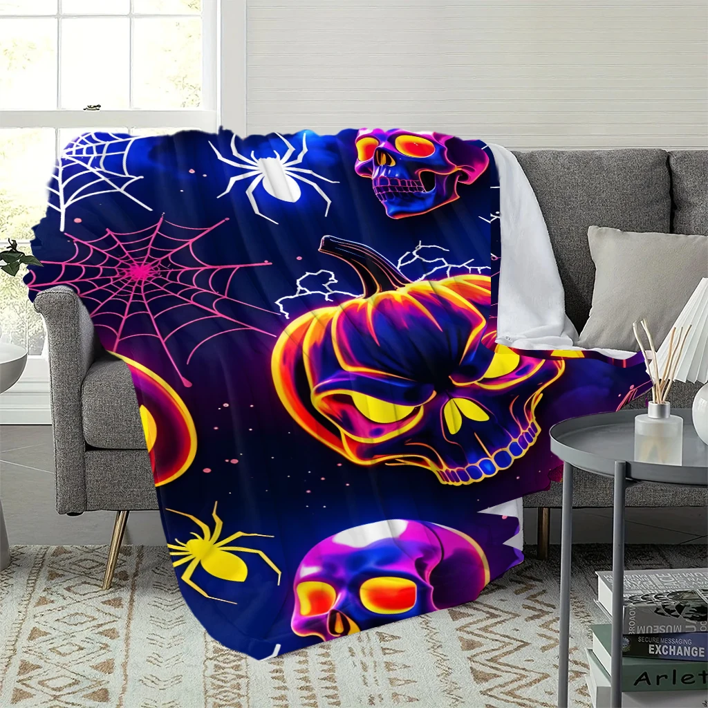 Horror Halloween Home Blanket, Purple‑Blue Skull Pumpkin Spider Web Printed Non‑Luminous Throws, Soft Flannel Blanket for Couch