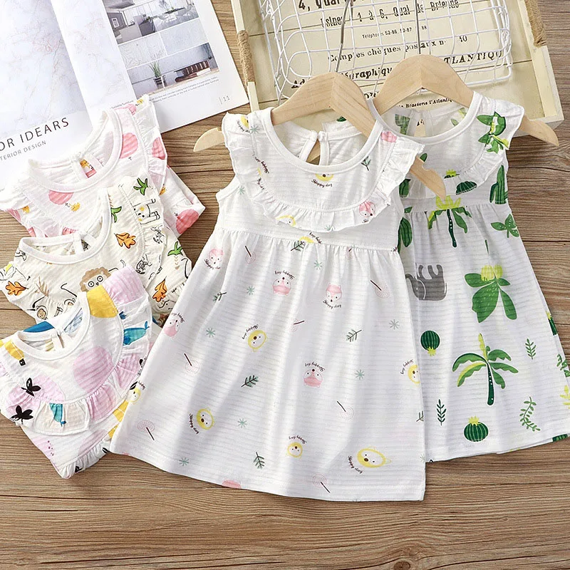 0-4T Summer Toddler Baby Mini Dresses Cartoon Floral Animal Graffiti Sport Dress Children Sleeveless Thin Kids Girl Clothes