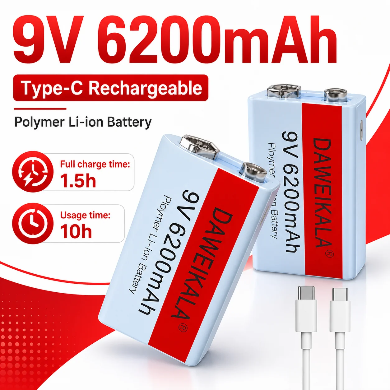 9V Rechargeable Li-ion Battery 6200mAh Type-C USB Charging with USB Cable for Multimeter Microphone Toy Use