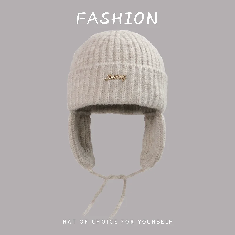 Niedliche, einfarbige, gerippte Strickmützen mit Ohrenschutz für Damen, Herbst-Winter, warme Mützen mit Kordel und Ohrenklappen, Streetwear-Mütze für Herren – Detail 4