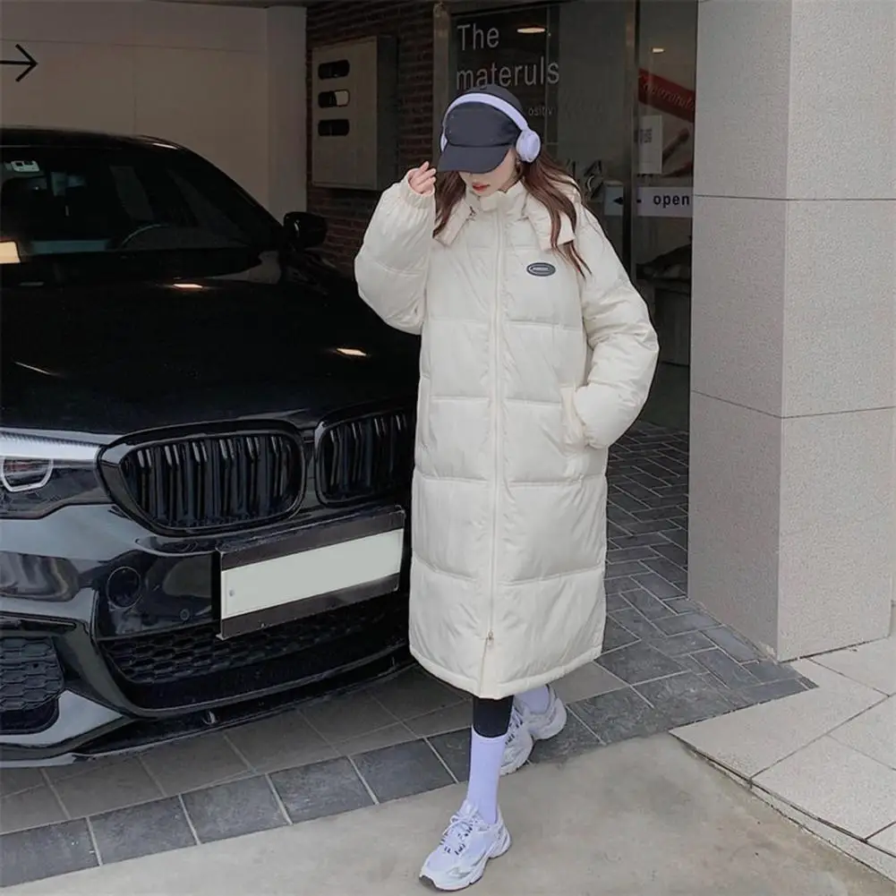 Abrigo de algodón a prueba de viento con capucha para mujer, abrigo de plumón con bolsillos para clima, chaqueta de invierno por encima de la rodilla con cremallera de retención de calor