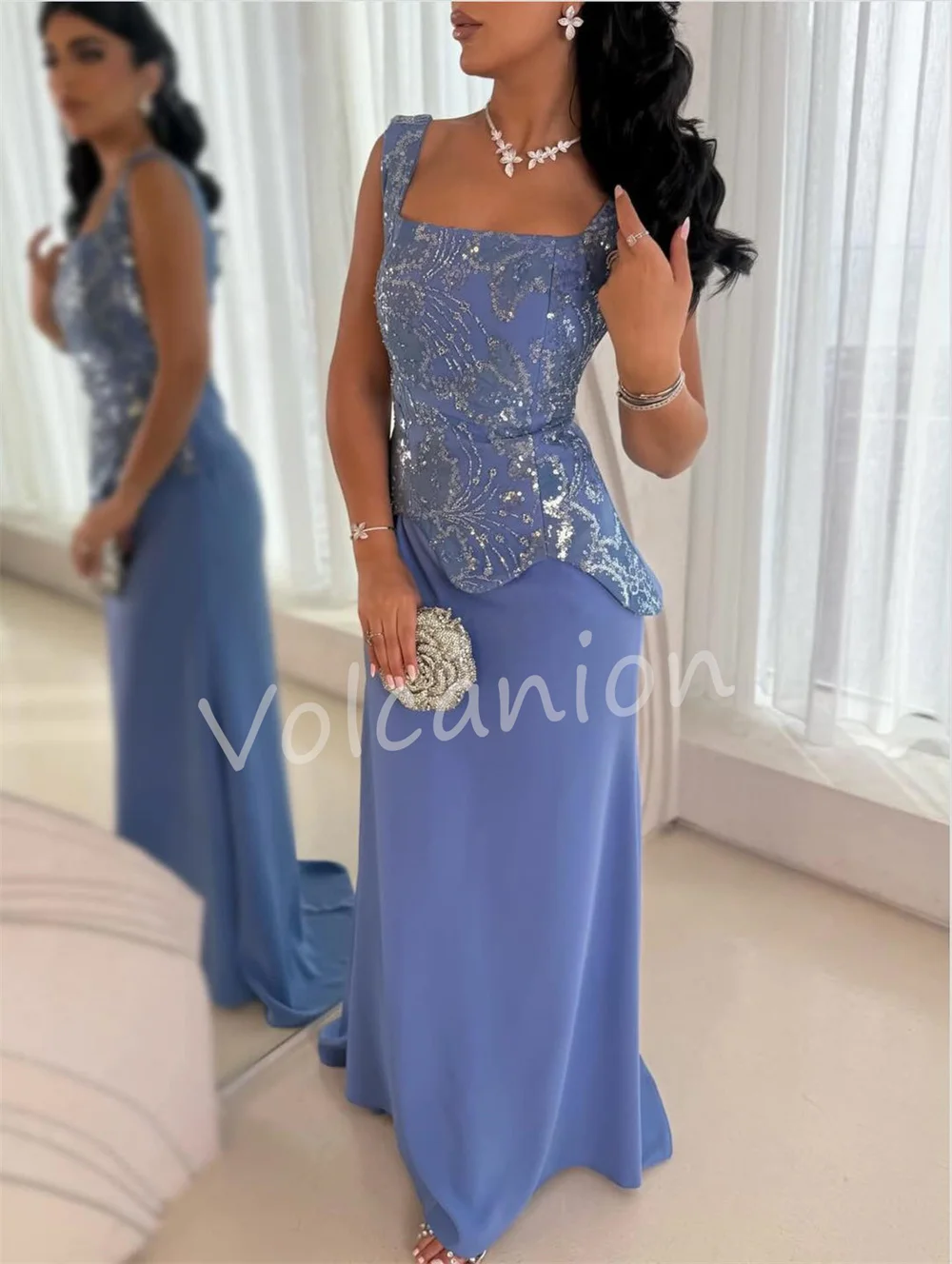 Customized High Quality Pleat Sequined Pattern Straight Square Neck Long Luxury Party Evening Dresses Classic