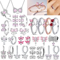 2024 New 925 Silver Ring Zircon Shining Bow Tie Set Ring Earrings Bracelets Necklace Original DIY Women Fine Jewelry Gift