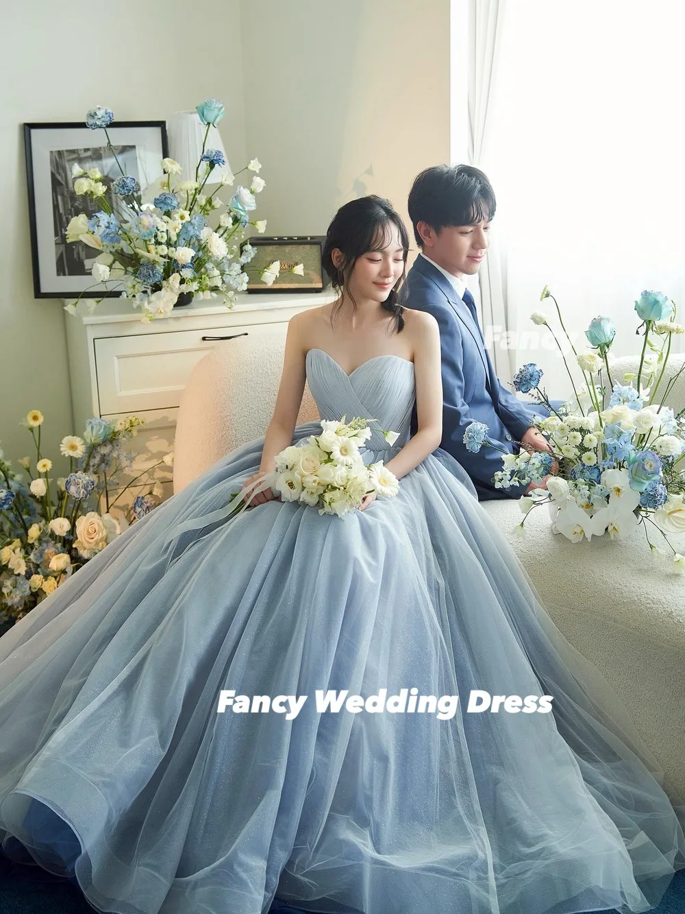 Fancy Princess Blue Sweetheart Wedding Dress Korea Photoshoot A Line Soft Tulle Bridal Gown Floor Length Back Corset Customized