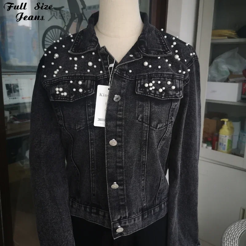 Designer Pearl Beading Black Short Jean Jackets Korean Chi Street Jeans Jacket Chi Cotton Collar Blue White Cropped Denim Coat