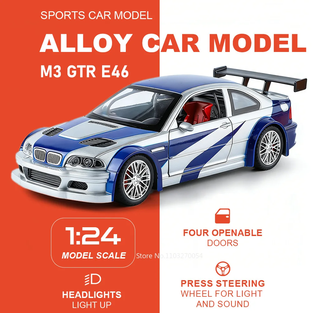 

Модель спортивного автомобиля 1:24 M3 GTR E46 R34 из литого сплава со звуком, светом, откатным механизмом и поворотными передними колесами — игрушка для детей, праздничный подарок