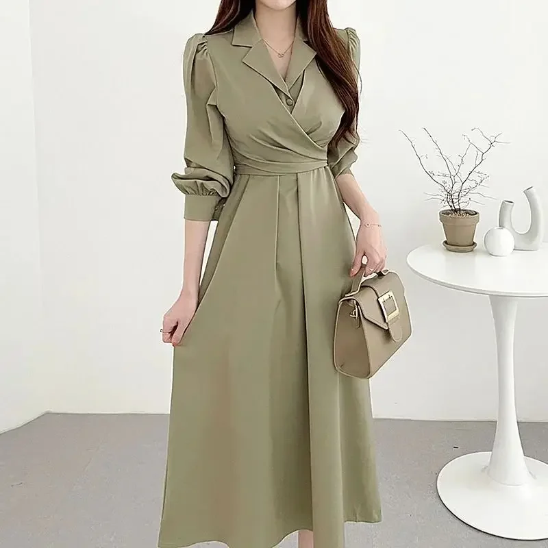 Women Ruffled Bow Lace Up Chic Elegant Party Dresses Korean Fashion Office Lady Business Casual Long Sleeve Midi Dress Vestidos