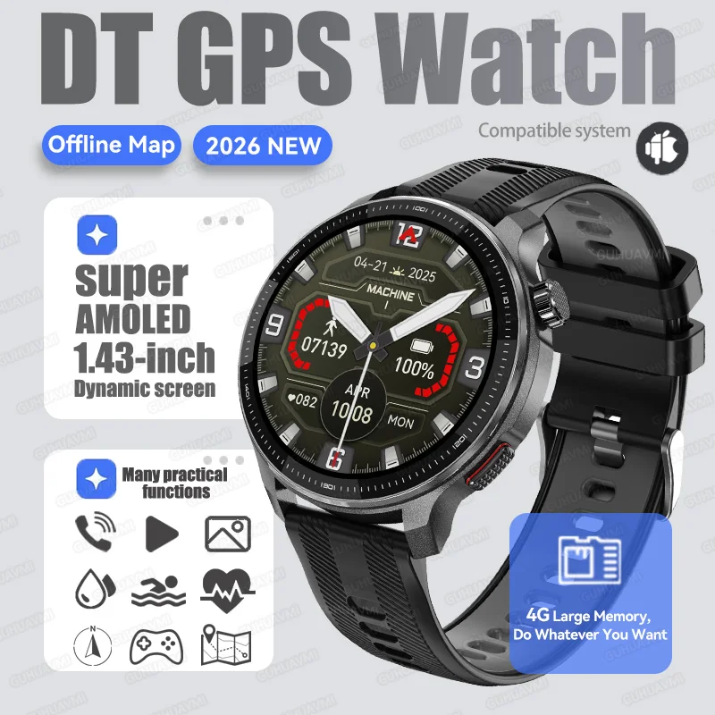 2026Nieuwe Tactische Sport Smartwatch Mannen Ingebouwde GPS Offline Kaart 4GB Geheugen 10ATM/IP69K Waterdicht Zwemmen Militray Smart Bracele