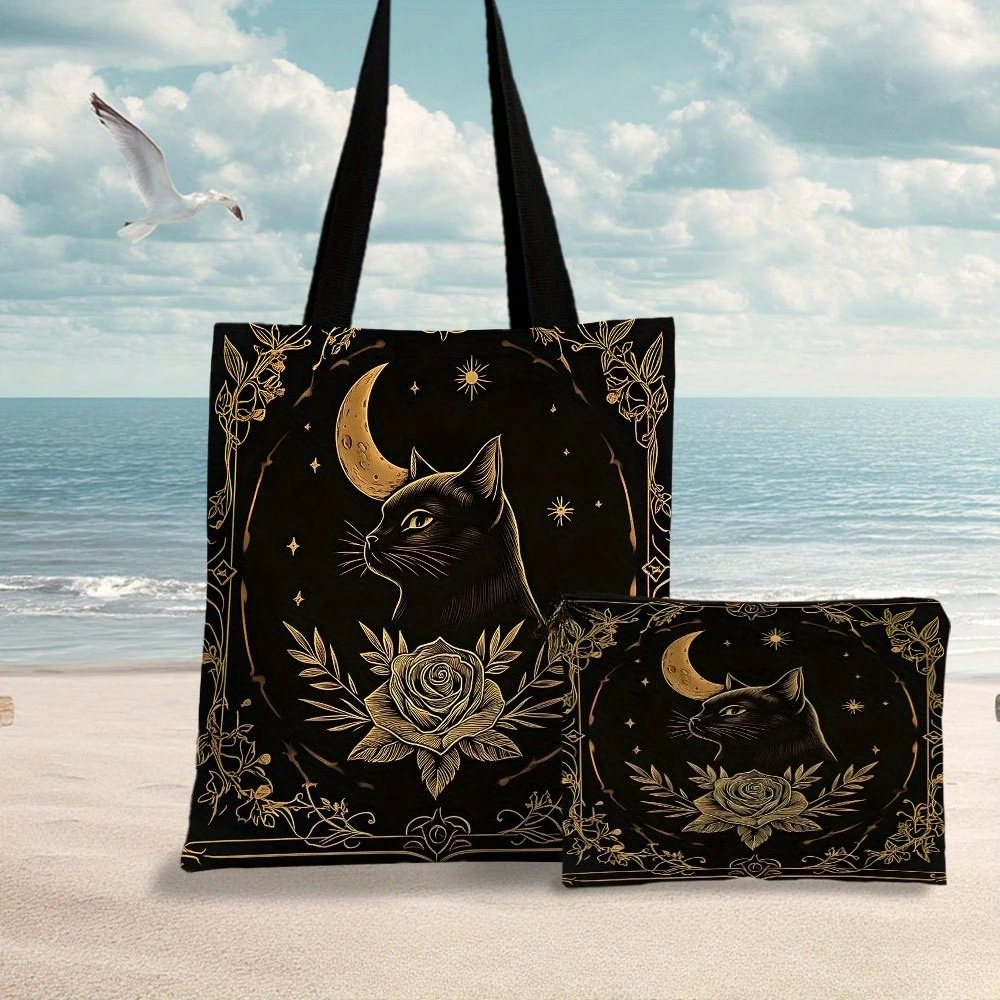 Chic Gift Black Cat Moon Rose Star Tote Bags With Makeup Bag For Women Stylish Reusable Shopping Bag Travel Toiletry Pouch