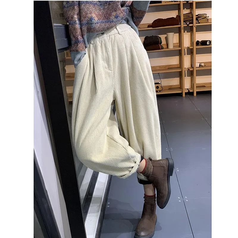 2024 New Arrival Spring Autumn Women All-matched Ankle-length Pants Casual Loose Cotton Corduroy Elastic Waist Harem Pants P34