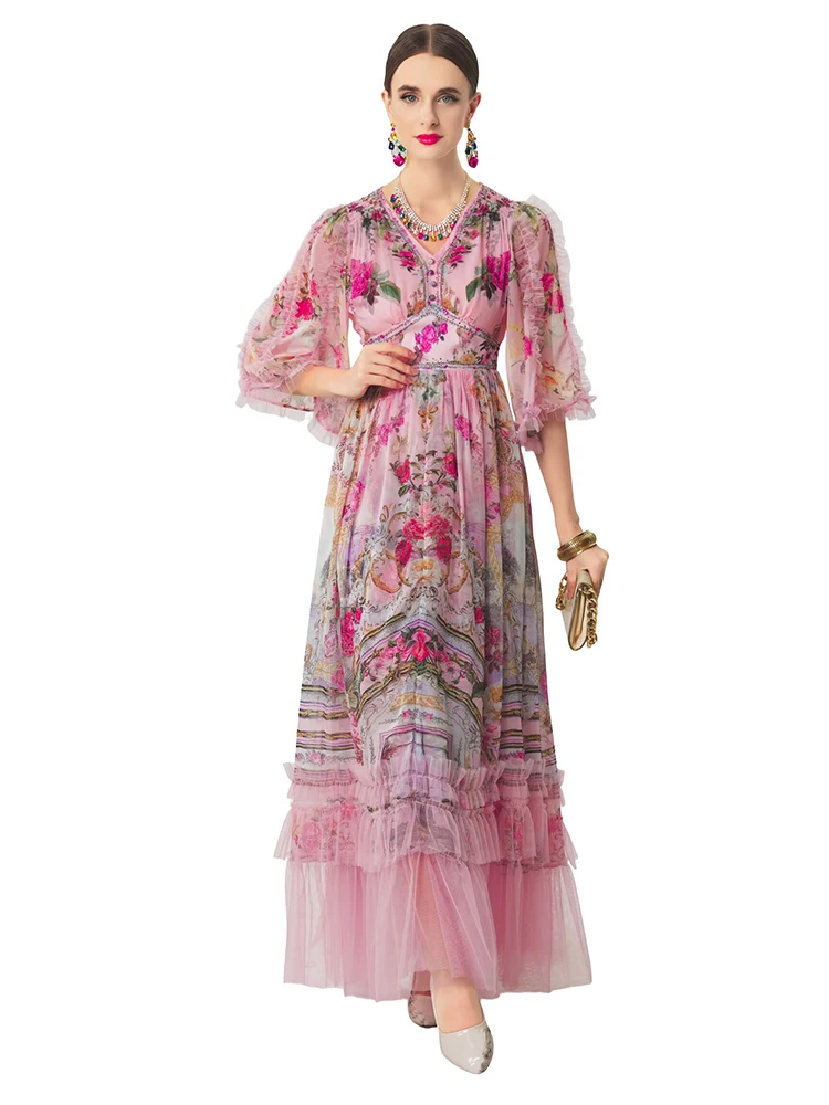 

Женское вечернее платье JUNLINNA с V-образным вырезом, коротким рукавом, модным цветочным принтом и декором из тканевых аппликаций, в стиле Runway Vestidos